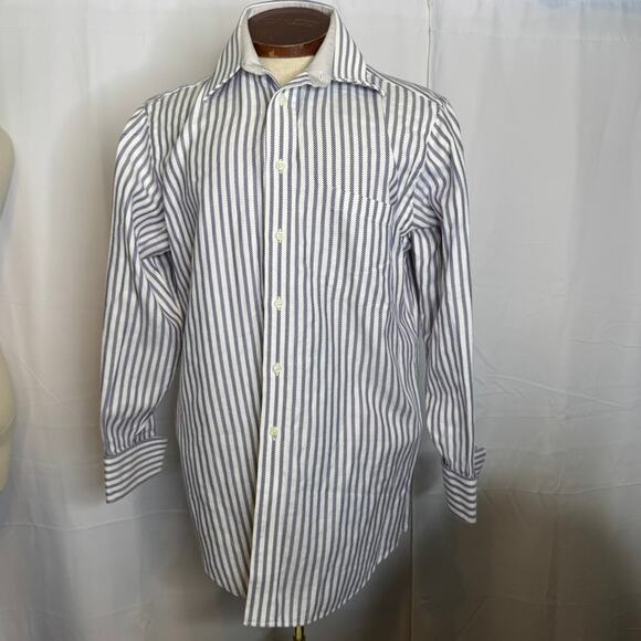 Paul Fredrick Blue White Herringbone Stripe French Cuff Dress Shirt 15.5 32 - Picture 3 of 8